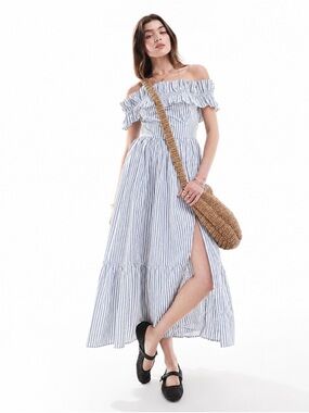 Abercrombie & Fitch Blue and White Striped Off-Shoulder Ruffle Dress